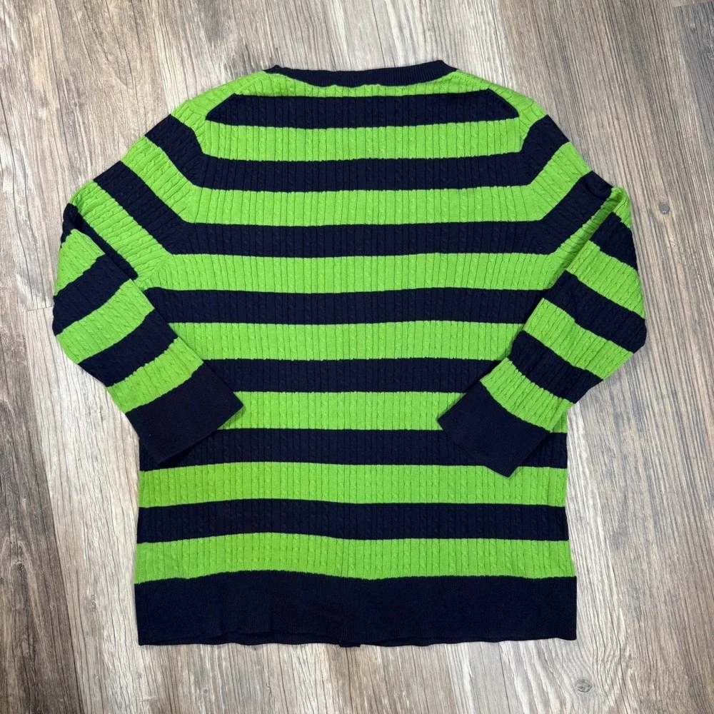 Talbots XL Nautical Prep Navy Blue Lime Green Striped Cable Knit Cotton Cardigan